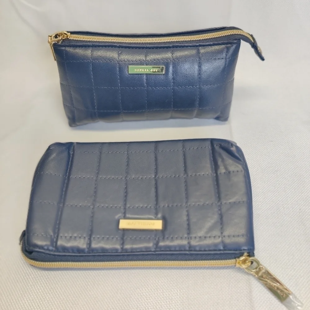 Two New Sophia Joy Makeup Bags Soft Quilted Navy Blue Faux Leather Zippers 4x7 - Picture 6 of 12